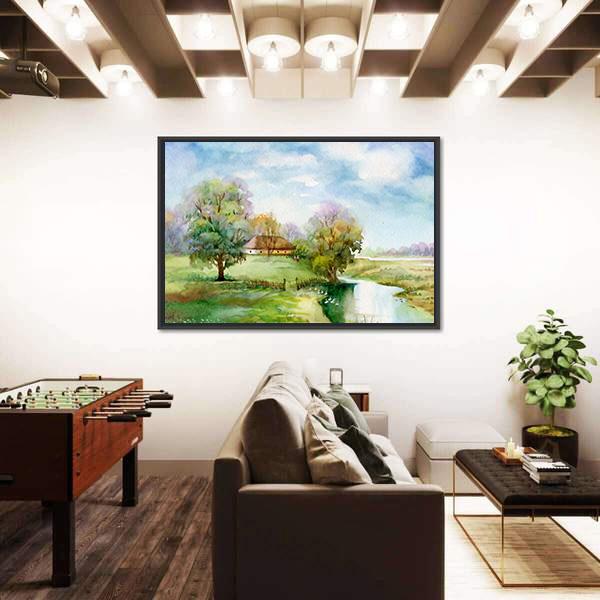 Watercolor Landscape Of Village Panoramic Canvas Wall Art-1 Piece-36" x 12"-Tiaracle