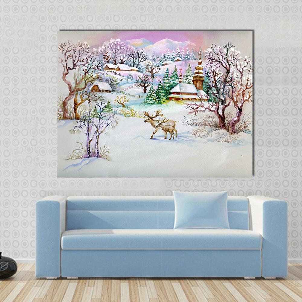 Watercolor Landscape Winter Village Life Canvas Wall Art in white, purple and pink, single panel hung on a wall