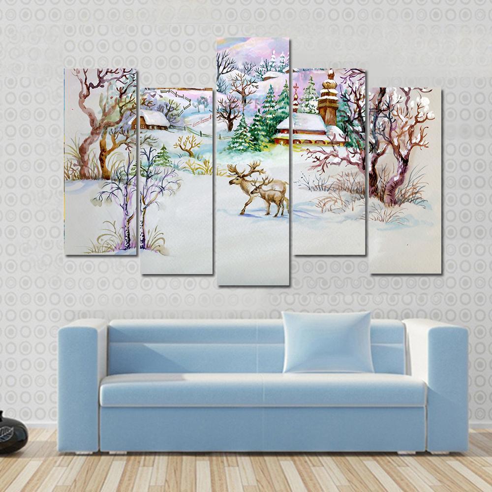 Watercolor Landscape Winter Village Life Canvas Wall Art-3 Horizontal-Gallery Wrap-37" x 24"-Tiaracle