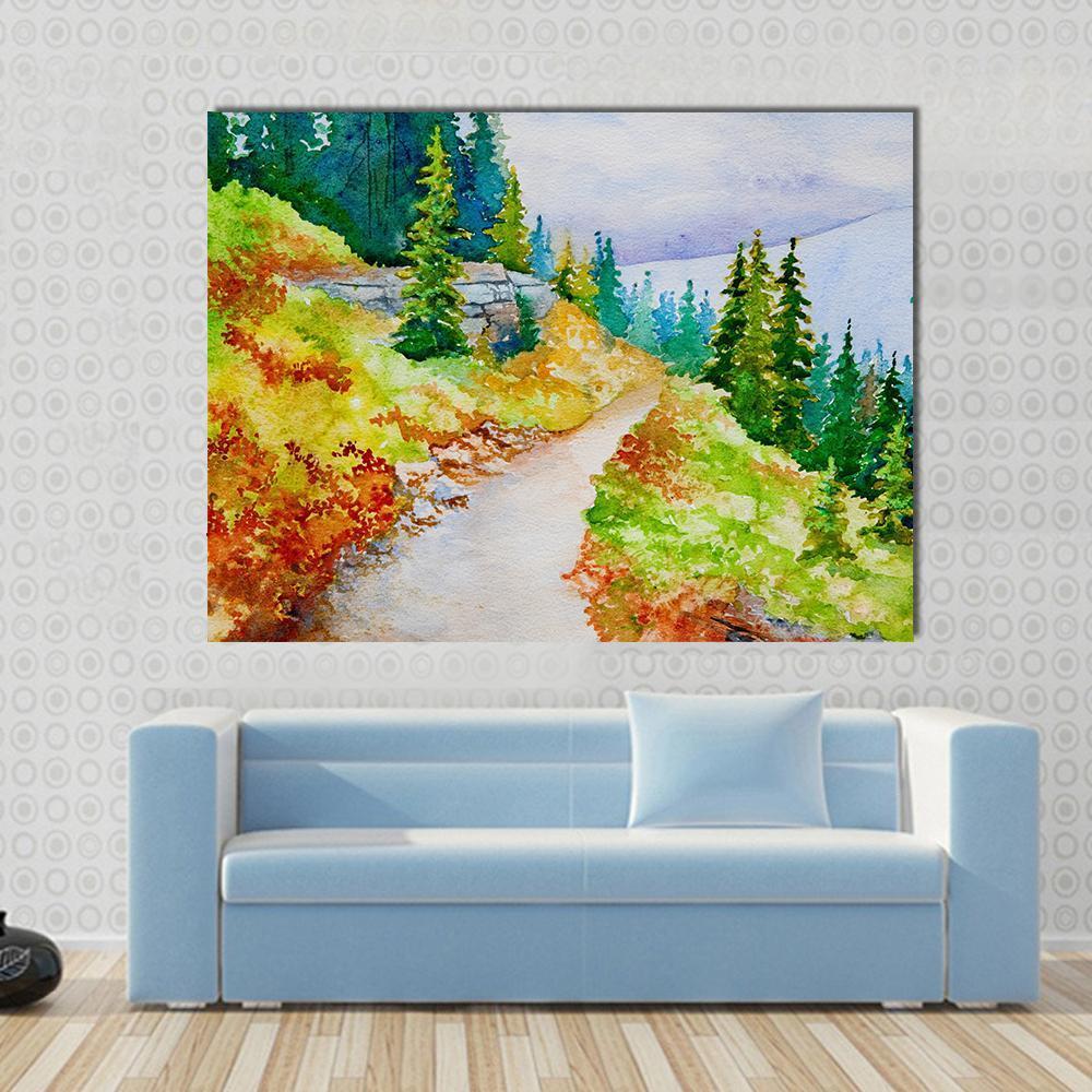Watercolor Painting of a Mountain Path Canvas Wall Art in orange, yellow and green, single panel hung on a wall