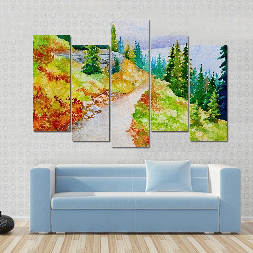 Watercolor Painting Inspired By The Beautiful Mountain Canvas Wall Art-5 Pop-Gallery Wrap-47" x 32"-Tiaracle