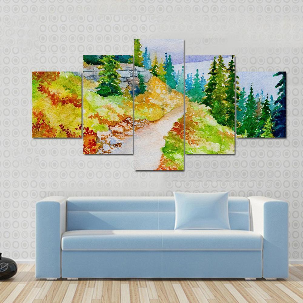 Watercolor Painting Inspired By The Beautiful Mountain Canvas Wall Art-5 Star-Gallery Wrap-62" x 32"-Tiaracle