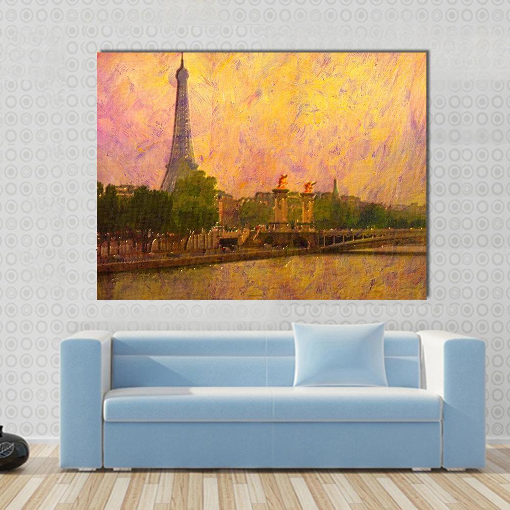 Watercolor Painting Of Eiffel Tower Paris Canvas Wall Art-1 Piece-Gallery Wrap-48" x 32"-Tiaracle
