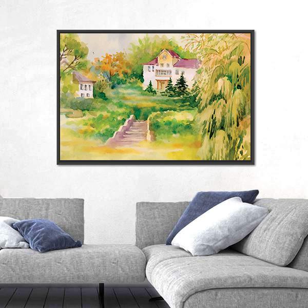 Watercolor Painting Of House In Woods Panoramic Canvas Wall Art-1 Piece-36" x 12"-Tiaracle