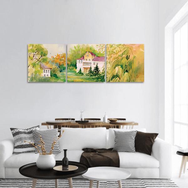Watercolor Villa in Sunny Meadow Panoramic Canvas Wall Art in white, yellow and green, hung on a wall