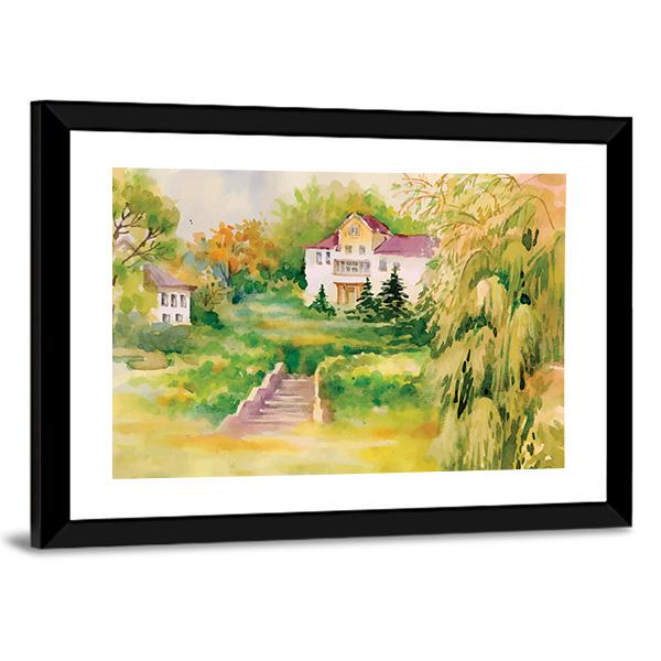 Watercolor Painting Of House In Woods Panoramic Canvas Wall Art-1 Piece-36" x 12"-Tiaracle