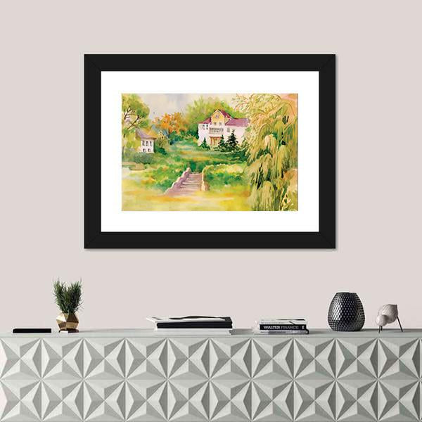Watercolor Painting Of House In Woods Panoramic Canvas Wall Art-1 Piece-36" x 12"-Tiaracle