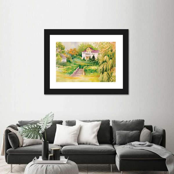Watercolor Painting Of House In Woods Panoramic Canvas Wall Art-1 Piece-36" x 12"-Tiaracle