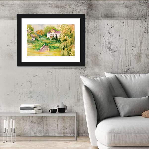 Watercolor Painting Of House In Woods Panoramic Canvas Wall Art-1 Piece-36" x 12"-Tiaracle