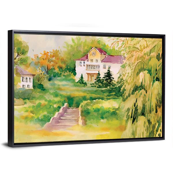 Watercolor Painting Of House In Woods Panoramic Canvas Wall Art-1 Piece-36" x 12"-Tiaracle