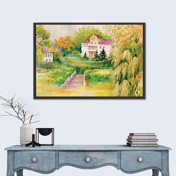 Watercolor Painting Of House In Woods Panoramic Canvas Wall Art-1 Piece-36" x 12"-Tiaracle