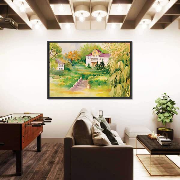 Watercolor Painting Of House In Woods Panoramic Canvas Wall Art-1 Piece-36" x 12"-Tiaracle