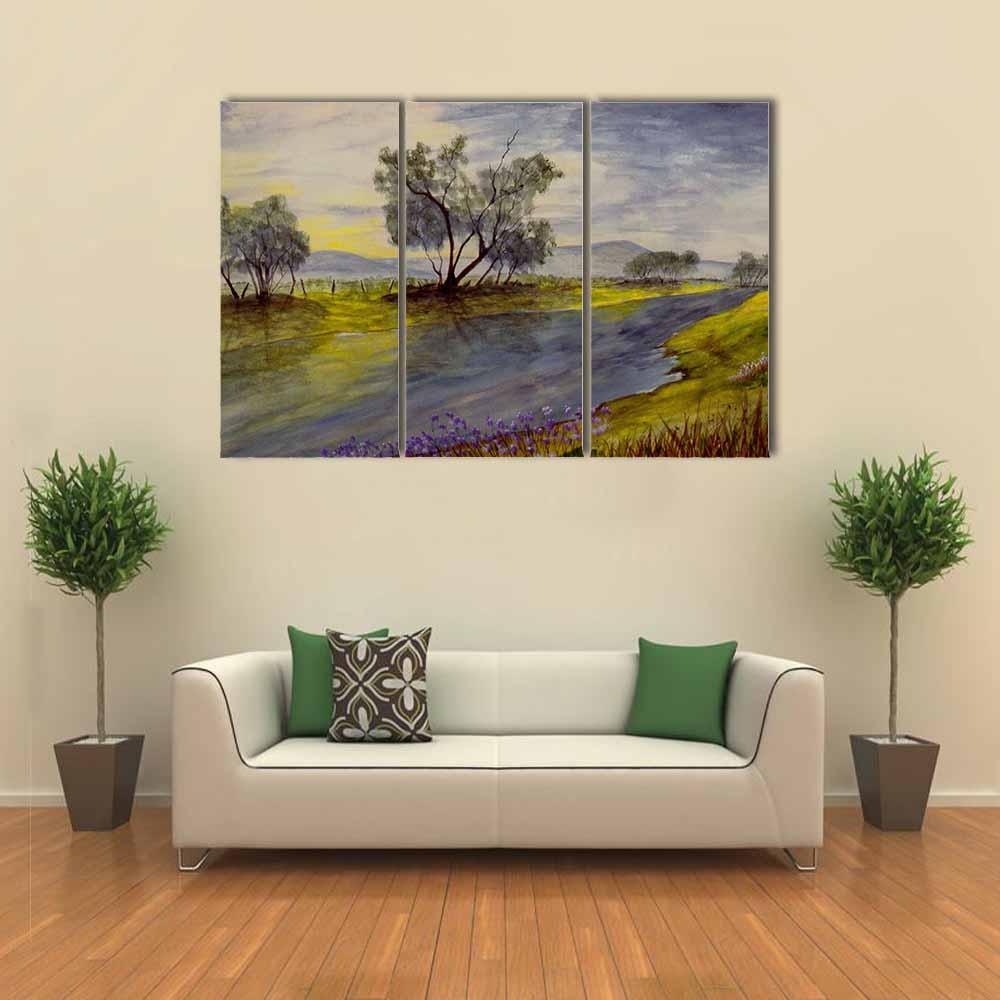 Watercolor Painting Of Stream Canvas Wall Art-3 Horizontal-Gallery Wrap-25" x 16"-Tiaracle