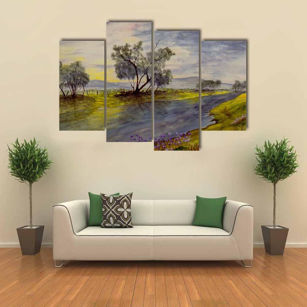 Watercolor Painting Of Stream Canvas Wall Art-4 Pop-Gallery Wrap-34" x 20"-Tiaracle