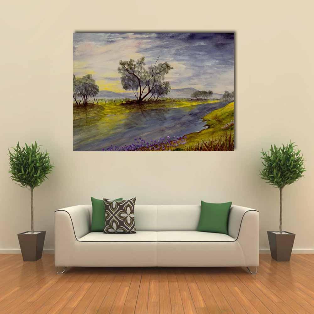 Watercolor Stream with Purple Wildflowers Canvas Wall Art in green, blue and purple, single panel hung on a wall