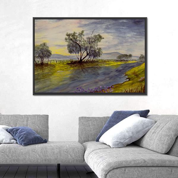 Watercolor Painting Of Stream Panoramic Canvas Wall Art-1 Piece-36" x 12"-Tiaracle