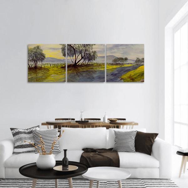 Watercolor Painting Of Stream Panoramic Canvas Wall Art-3 Piece-25" x 08"-Tiaracle