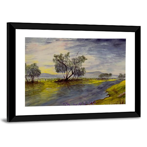 Watercolor Painting Of Stream Panoramic Canvas Wall Art-1 Piece-36" x 12"-Tiaracle