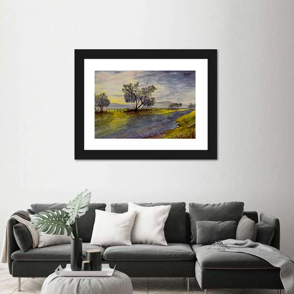 Watercolor Painting Of Stream Panoramic Canvas Wall Art-1 Piece-36" x 12"-Tiaracle