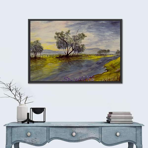 Watercolor Painting Of Stream Panoramic Canvas Wall Art-1 Piece-36" x 12"-Tiaracle
