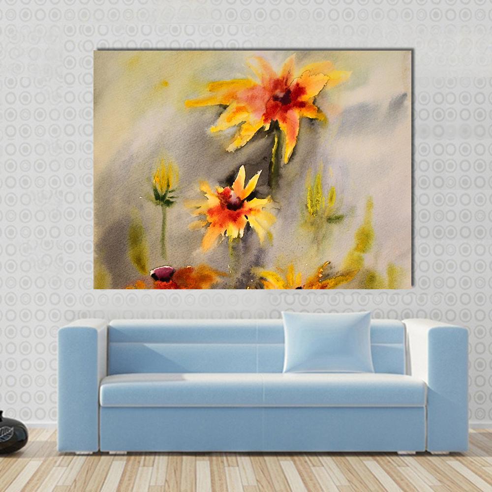 Watercolor Painting of Beautiful Flowers Canvas Wall Art in gray, orange and yellow, single panel hung on a wall
