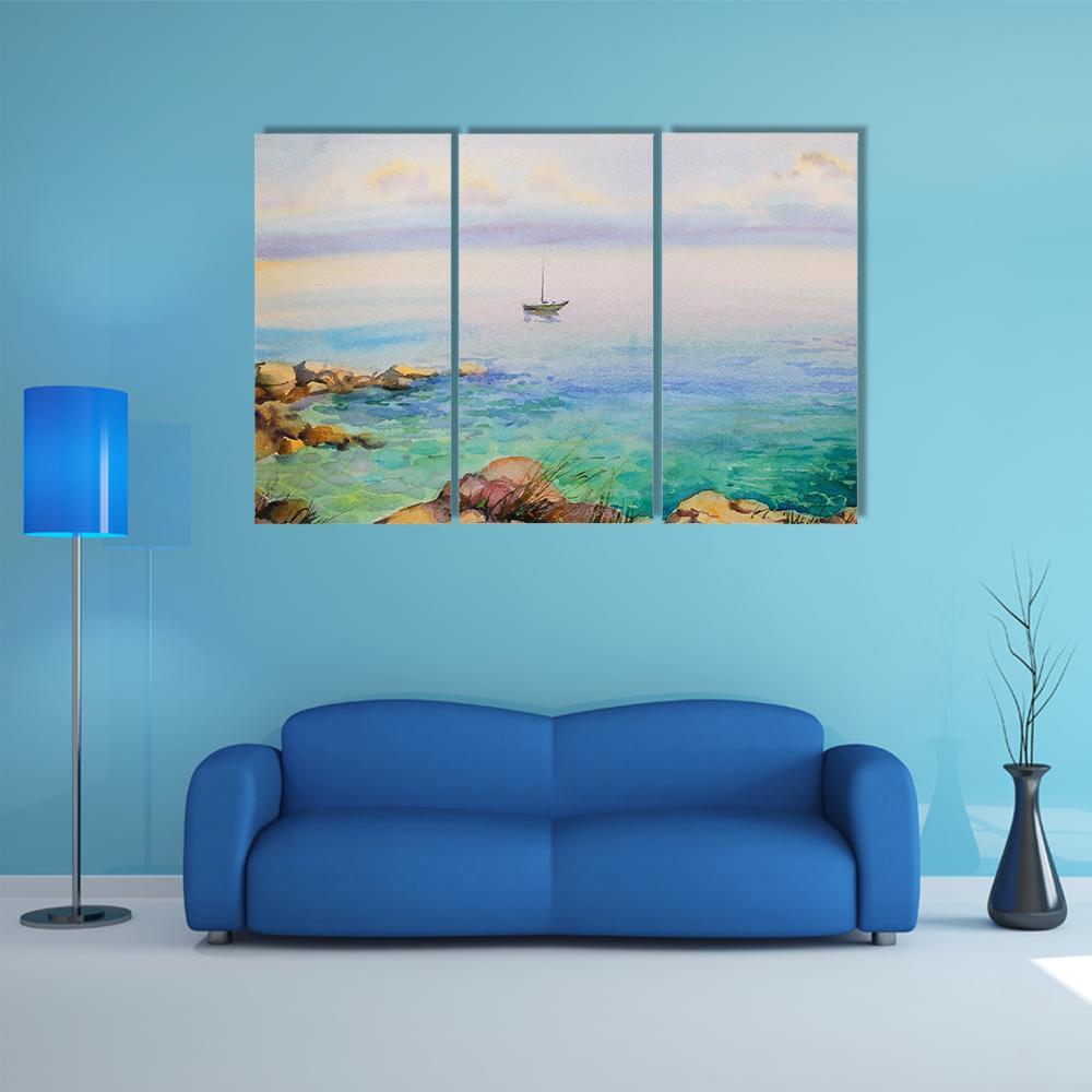 Watercolor Painting Seascape Canvas Wall Art-3 Horizontal-Gallery Wrap-37" x 24"-Tiaracle