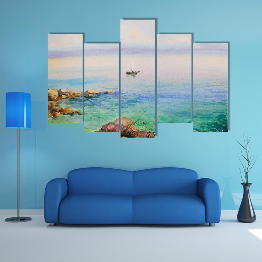 Watercolor Painting Seascape Canvas Wall Art-5 Pop-Gallery Wrap-47" x 32"-Tiaracle