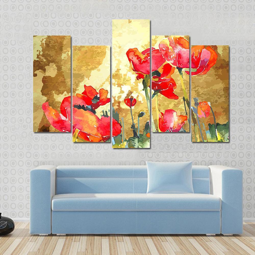 Watercolor Poppy Flower Canvas Wall Art-5 Pop-Gallery Wrap-47" x 32"-Tiaracle