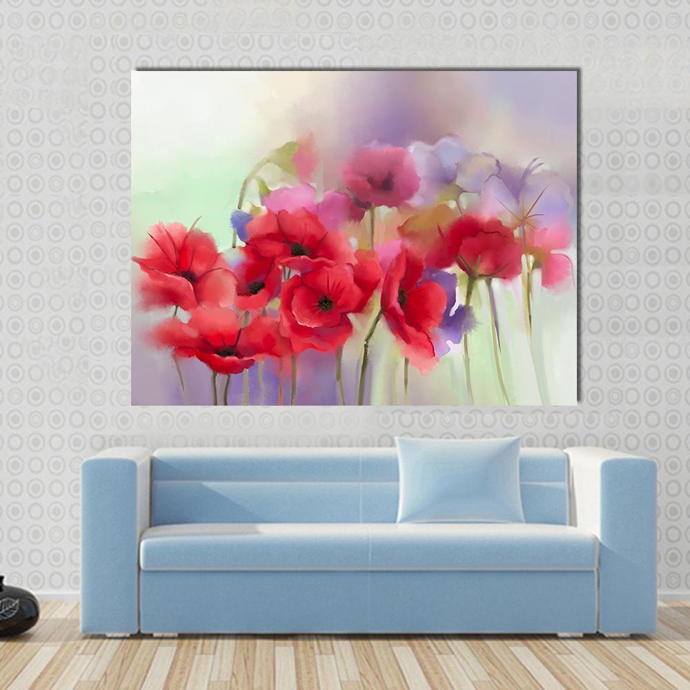 Watercolor Red Poppy Flowers Painting Canvas Wall Art in red, purple and pink, single panel hung on a wall