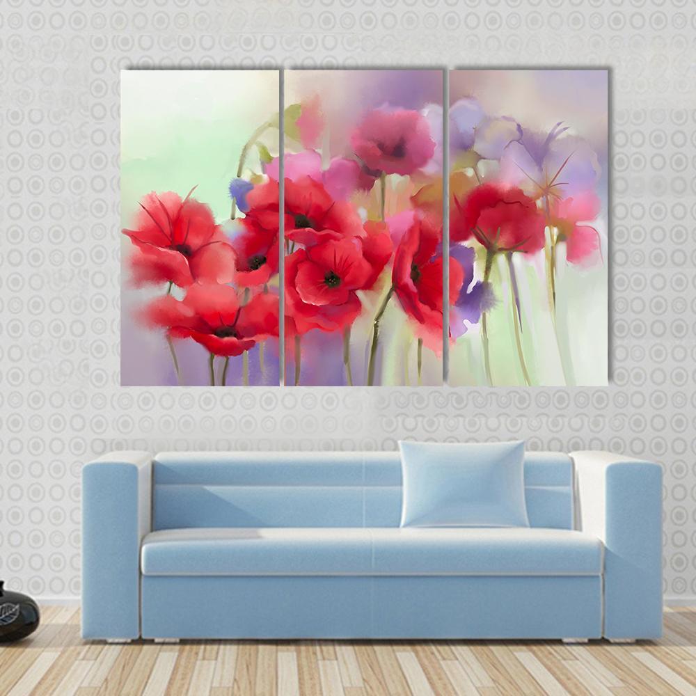 Watercolor Red Poppy Flowers Painting Abstract Canvas Wall Art-3 Horizontal-Gallery Wrap-37" x 24"-Tiaracle