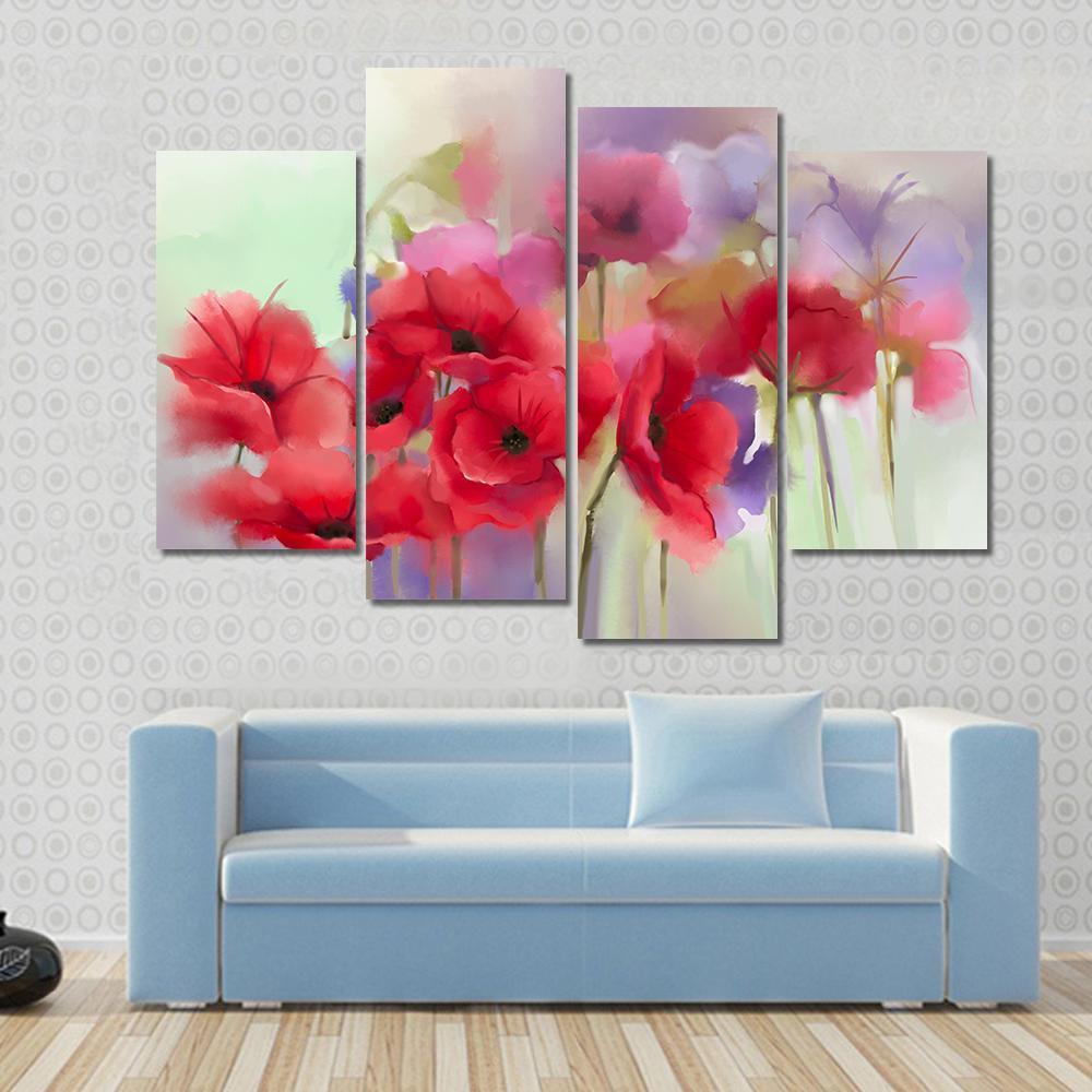 Watercolor Red Poppy Flowers Painting Abstract Canvas Wall Art-4 Pop-Gallery Wrap-50" x 32"-Tiaracle