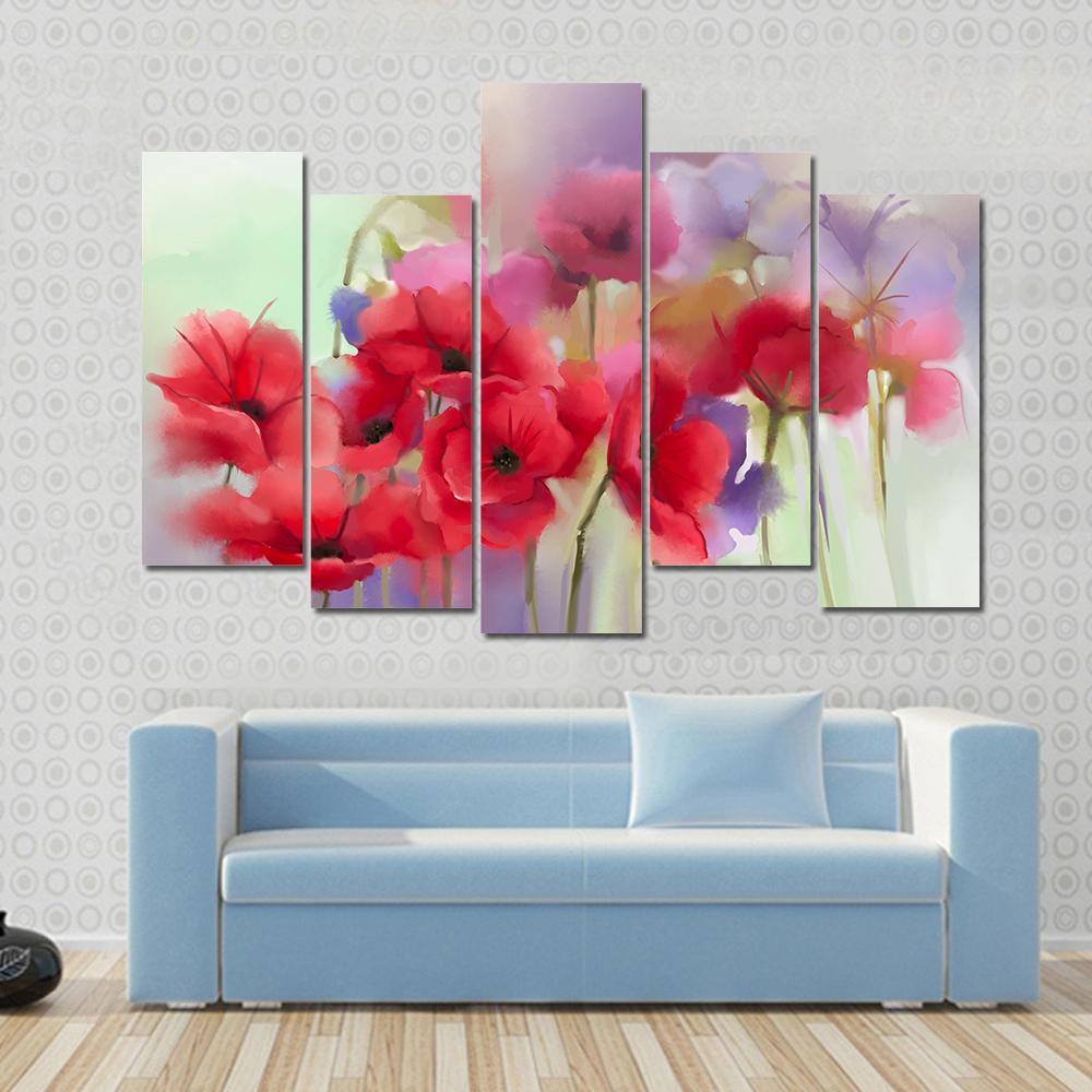 Watercolor Red Poppy Flowers Painting Abstract Canvas Wall Art-5 Pop-Gallery Wrap-47" x 32"-Tiaracle