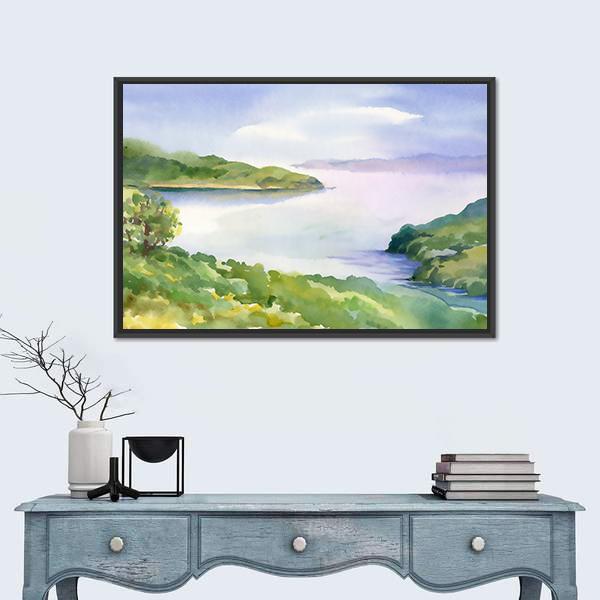 Watercolor River Nature Landscape Canvas Wall Art-1 Piece-Floating Frame-24" x 16"-Tiaracle