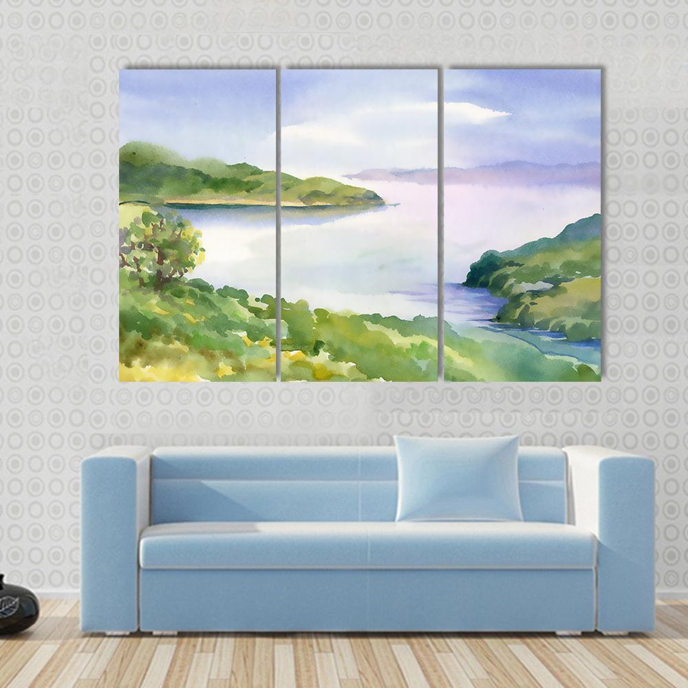Watercolor River Nature Landscape Canvas Wall Art-3 Horizontal-Gallery Wrap-37" x 24"-Tiaracle