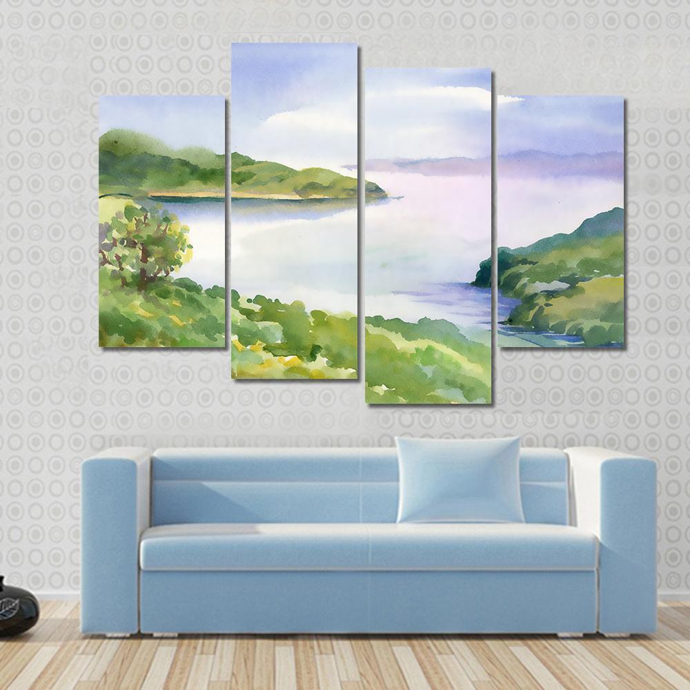 Watercolor River Nature Landscape Canvas Wall Art-1 Piece-Gallery Wrap-48" x 32"-Tiaracle