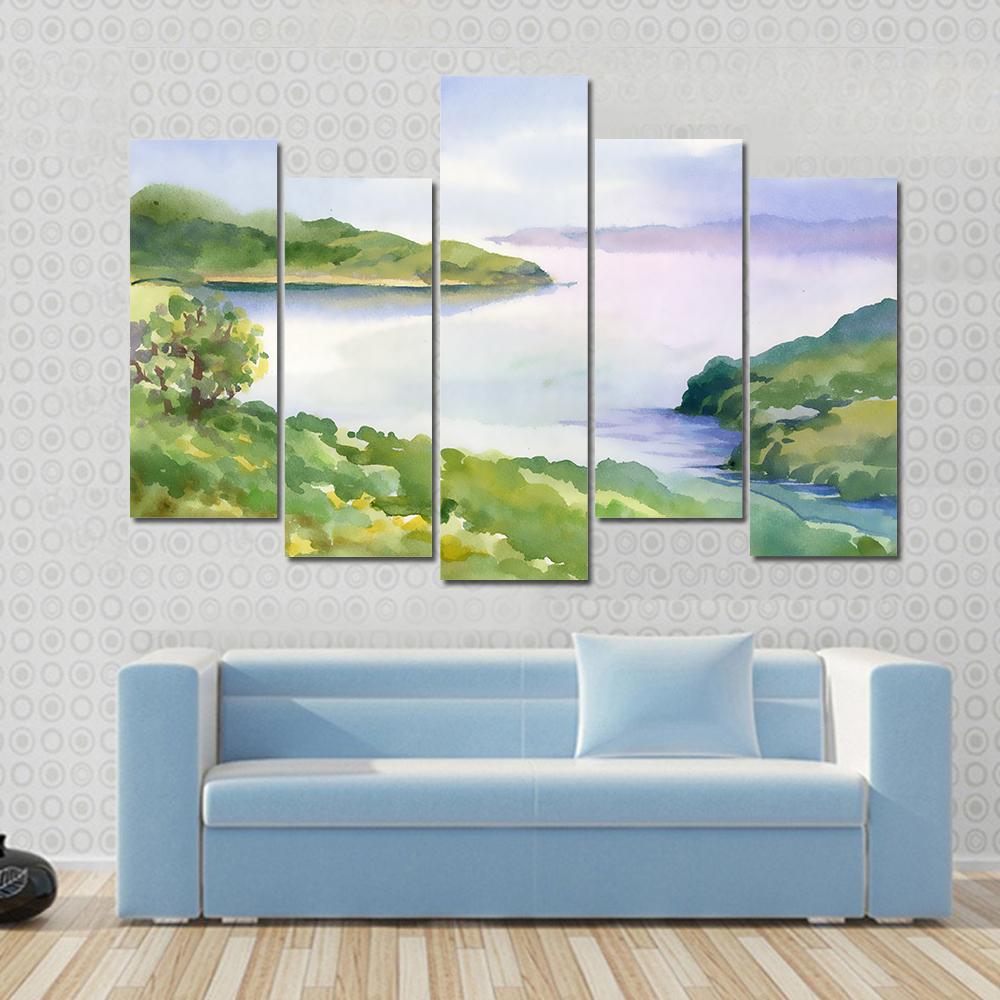 Watercolor River Nature Landscape Canvas Wall Art-5 Pop-Gallery Wrap-47" x 32"-Tiaracle