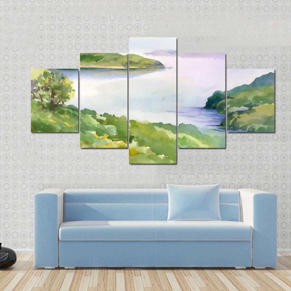 Watercolor River Nature Landscape Canvas Wall Art-5 Star-Gallery Wrap-62" x 32"-Tiaracle