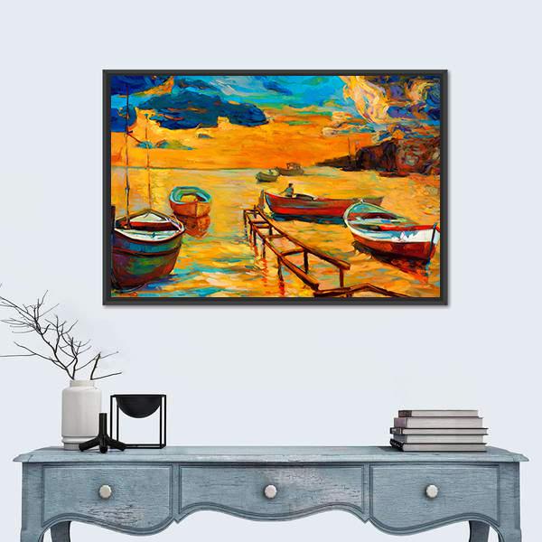 Watercolor Sketch Of Boat And Jetty Canvas Wall Art-1 Piece-Floating Frame-24" x 16"-Tiaracle