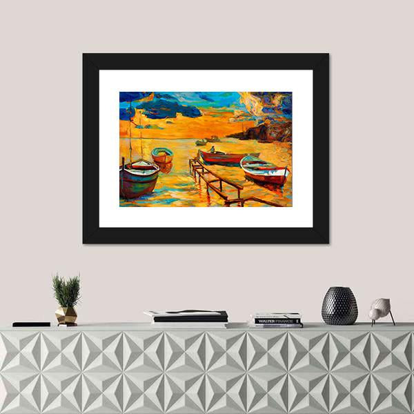 Watercolor Sketch Of Boat And Jetty Canvas Wall Art-1 Piece-Framed Print-20" x 16"-Tiaracle
