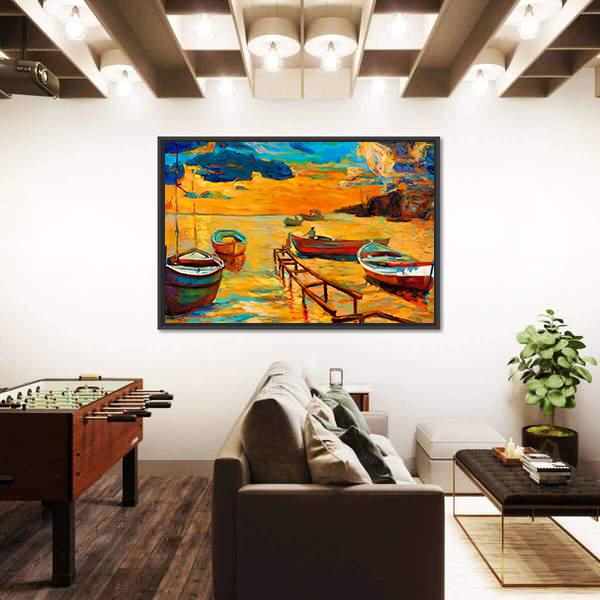 Watercolor Sketch Of Boat And Jetty Canvas Wall Art-3 Horizontal-Gallery Wrap-25" x 16"-Tiaracle