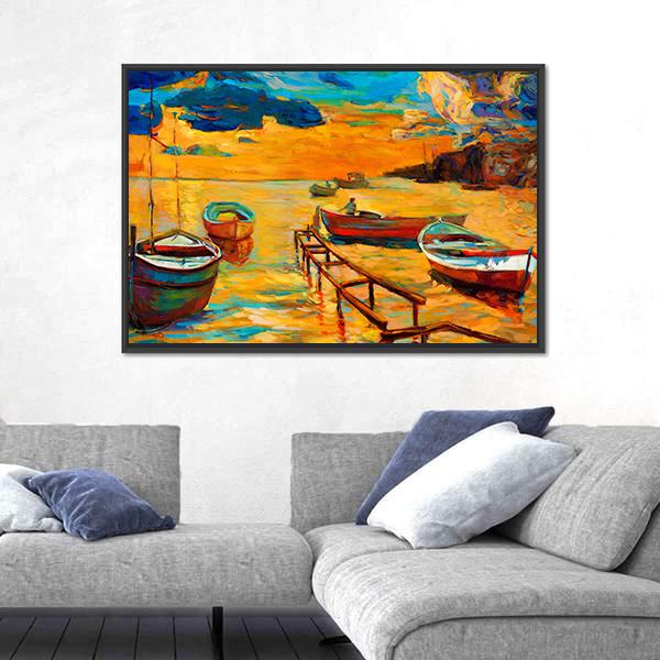 Watercolor Sketch Of Boat And Jetty Canvas Wall Art-5 Horizontal-Gallery Wrap-22" x 12"-Tiaracle