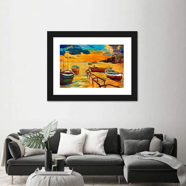 Watercolor Sketch Of Boat And Jetty Canvas Wall Art-3 Horizontal-Gallery Wrap-25" x 16"-Tiaracle