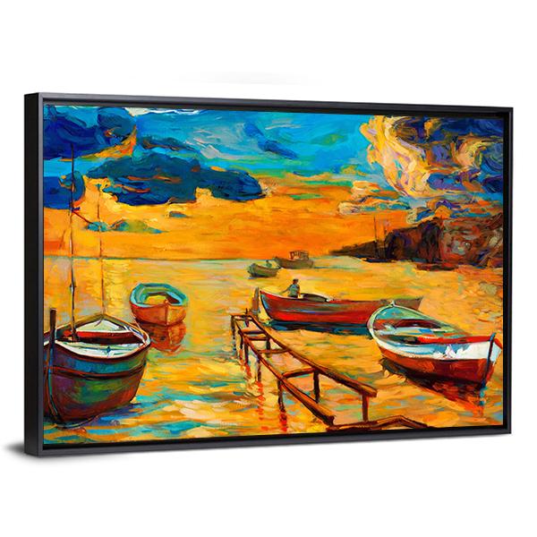 Watercolor Sketch Of Boat And Jetty Canvas Wall Art-5 Horizontal-Gallery Wrap-22" x 12"-Tiaracle