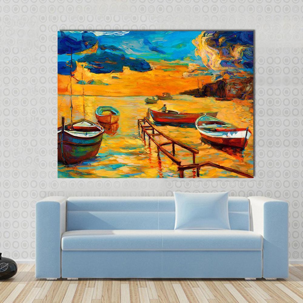 Watercolor Sketch of Boat and Jetty Canvas Wall Art in orange, yellow and blue, single panel hung on a wall