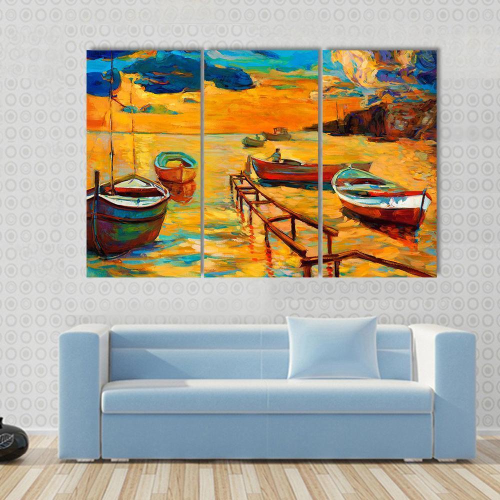 Watercolor Sketch Of Boat And Jetty Canvas Wall Art-3 Horizontal-Gallery Wrap-37" x 24"-Tiaracle