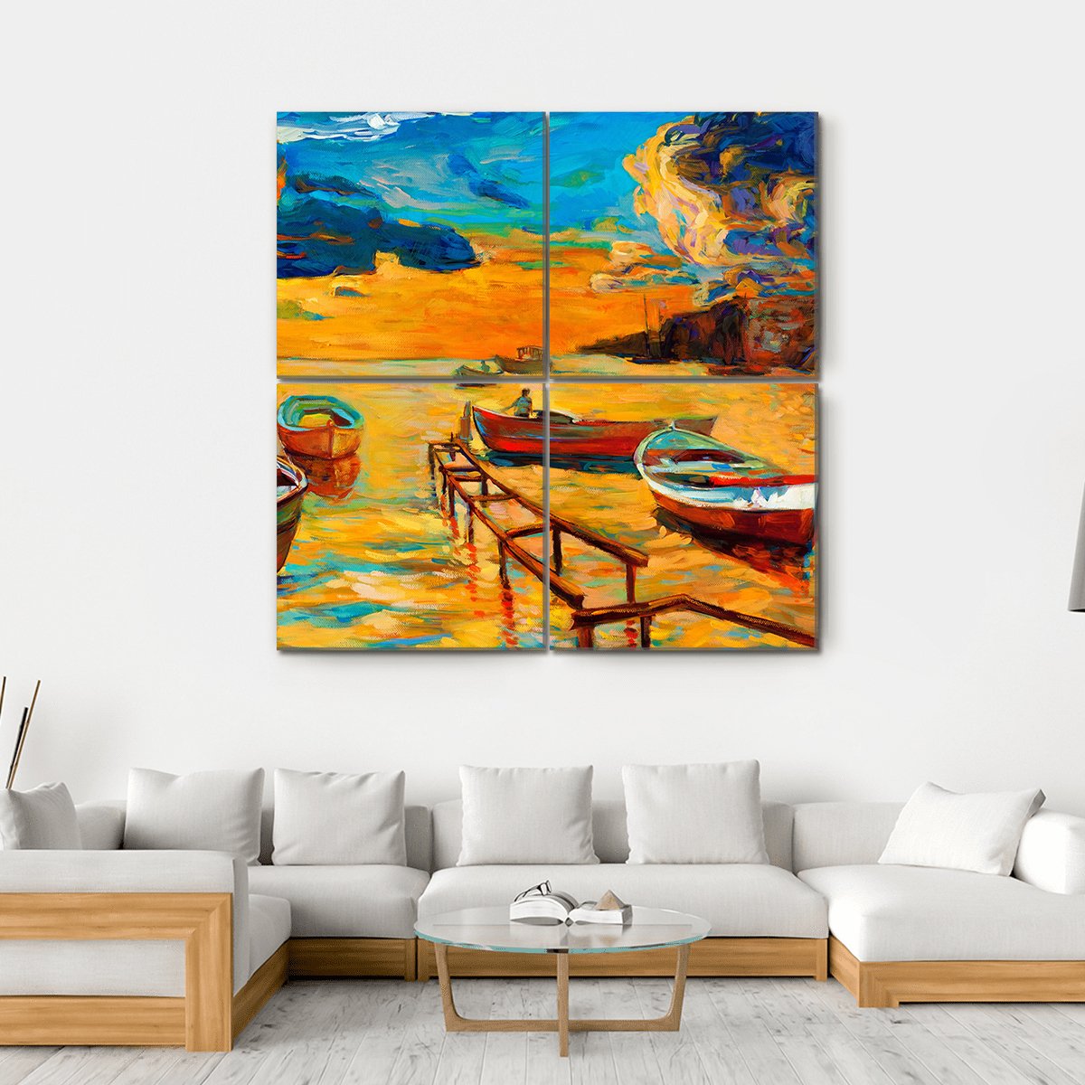 Watercolor Sketch Of Boat And Jetty Canvas Wall Art-4 Square-Gallery Wrap-17" x 17"-Tiaracle