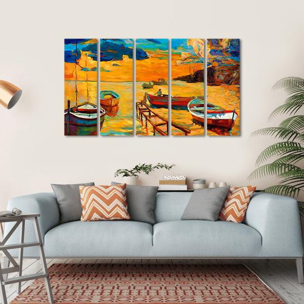 Watercolor Sketch Of Boat And Jetty Canvas Wall Art-5 Horizontal-Gallery Wrap-22" x 12"-Tiaracle