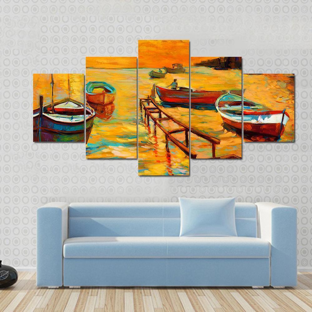 Watercolor Sketch Of Boat And Jetty Canvas Wall Art-5 Star-Gallery Wrap-62" x 32"-Tiaracle
