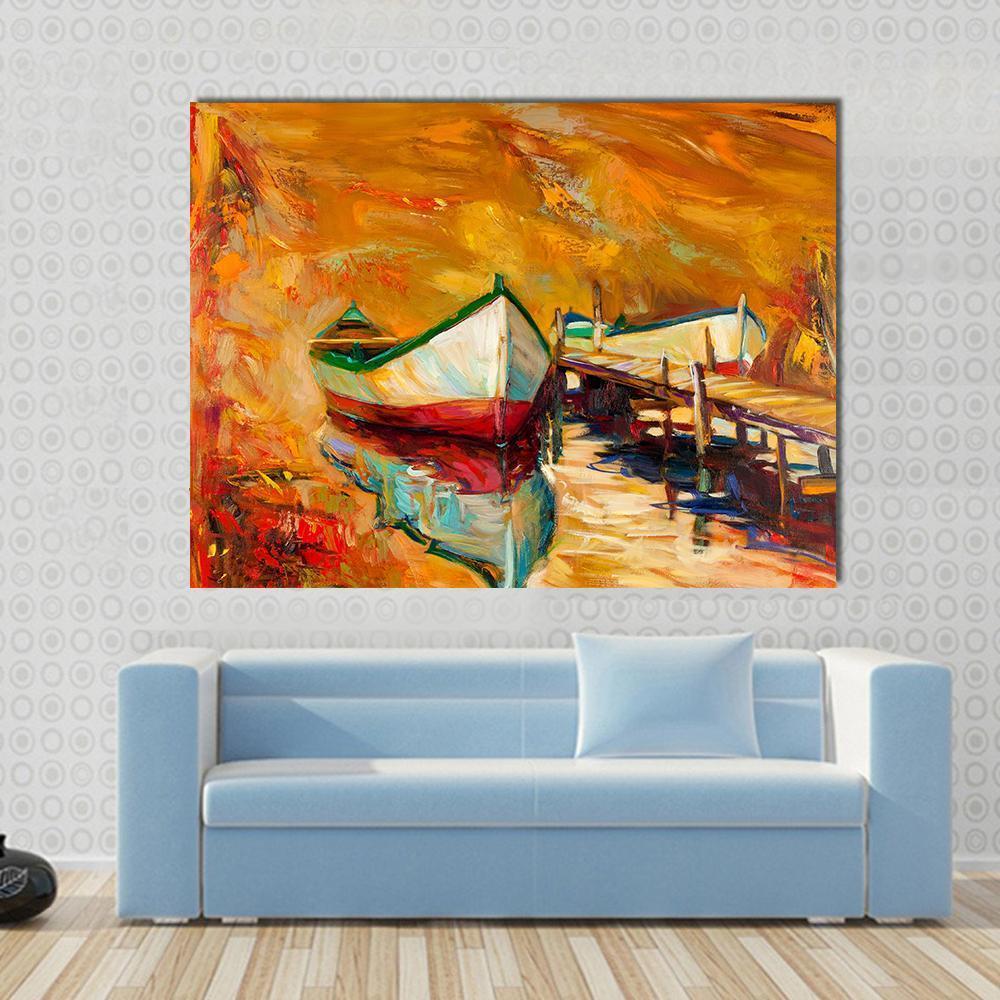 Abstract Boat &amp; Jetty Canvas Wall Art-1 Piece-Gallery Wrap-48" x 32"-Tiaracle