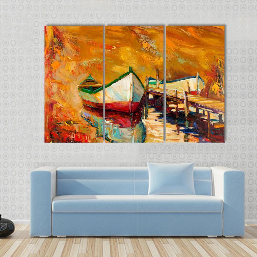 Abstract Boat &amp; Jetty Canvas Wall Art-3 Horizontal-Gallery Wrap-37" x 24"-Tiaracle